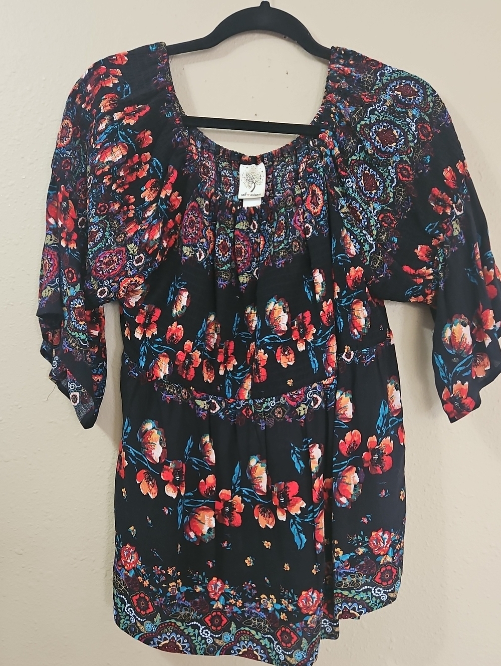 Self Esteem Black Tunic with Red & Blue Floral Print